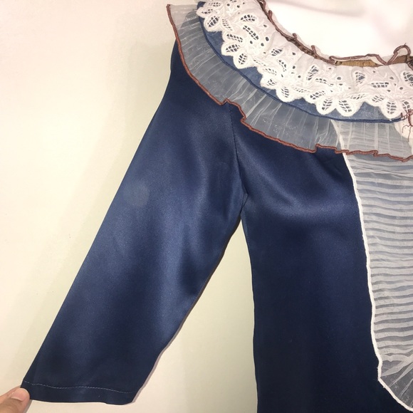 Chloe Cerulean Silk Ruffled Lace 3/4 Sleeve Dress - Picture 6 of 10